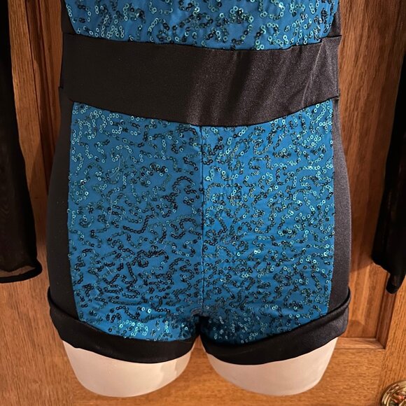 WEISSMAN 12142 Titanium Black Mesh Teal Sequin Biketard Dance Costume Small SA - Picture 2 of 4